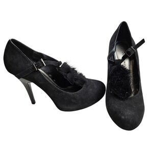 Gianni Bini Heels Women's 9.5M Black Strappy Ankle Strap Closed Toe Shoes Flower